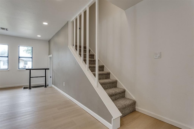 1437 SW 34th St, Oklahoma City, OK 73119 - stairs with visible vents, recessed lighting, baseboards, and wood finished floors