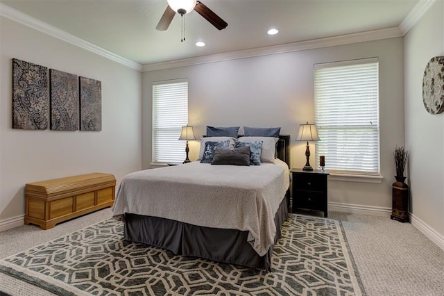 2051 Vaquero Ct, Edmond, OK 73034 - carpeted bedroom featuring recessed lighting, ceiling fan, baseboards, and ornamental molding