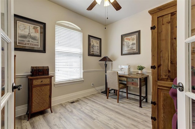 2051 Vaquero Ct, Edmond, OK 73034 - office space with ceiling fan, a wealth of natural light, visible vents, and light wood-style flooring