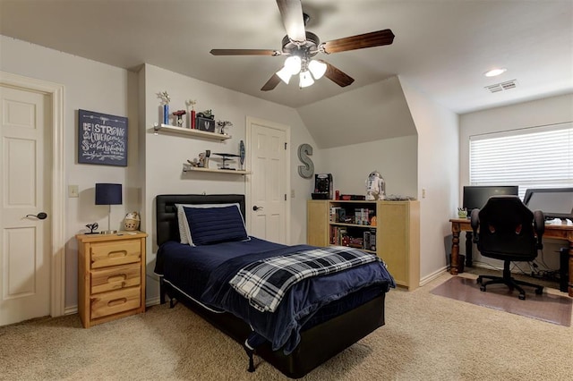 2051 Vaquero Ct, Edmond, OK 73034 - bedroom with baseboards, visible vents, a ceiling fan, and light colored carpet