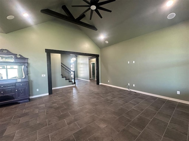 4140 Peony Cir, Piedmont, OK 73078 - unfurnished room with high vaulted ceiling, a ceiling fan, and stairway