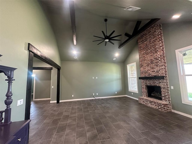 4140 Peony Cir, Piedmont, OK 73078 - unfurnished living room featuring a ceiling fan, high vaulted ceiling, a fireplace, plenty of natural light, and recessed lighting