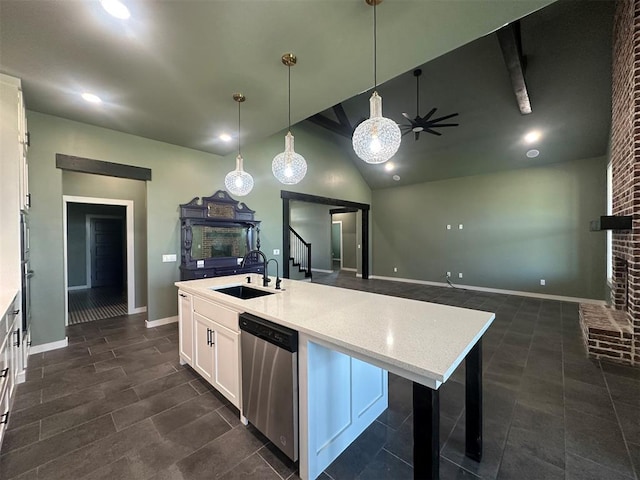 4140 Peony Cir, Piedmont, OK 73078 - kitchen featuring dishwasher, white cabinetry, ceiling fan, an island with sink, and recessed lighting