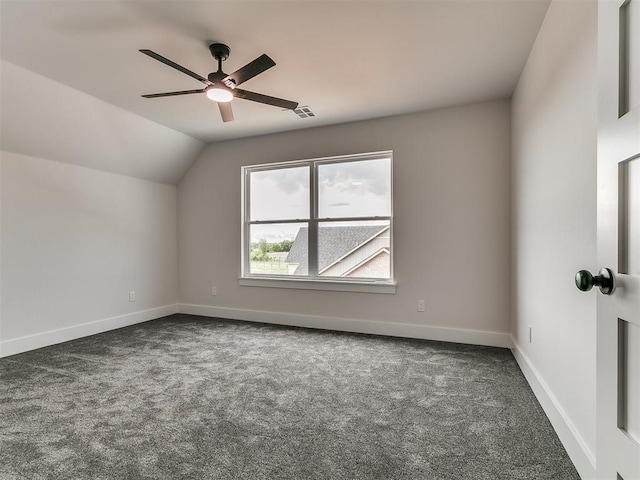bonus room with lofted ceiling, baseboards, ceiling fan, and carpet floors