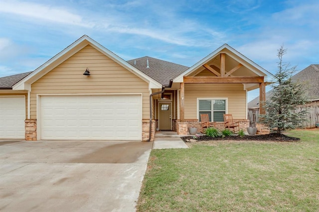 11200 SW 32nd St, Yukon, OK 73099 - view of front of home with an attached garage, concrete driveway, a front lawn, brick siding, and a shingled roof