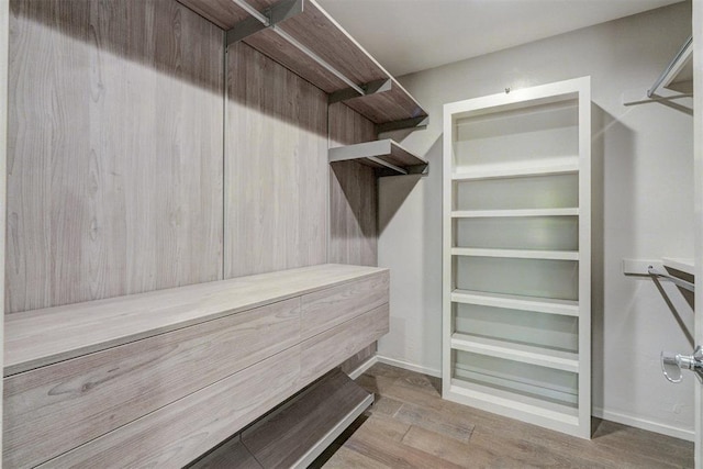 walk in closet with wood finished floors