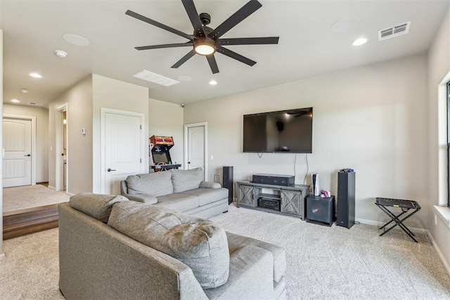living area with recessed lighting, baseboards, ceiling fan, visible vents, and carpet floors