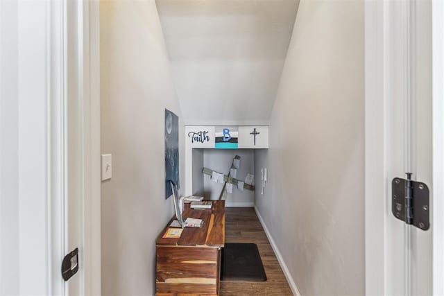 interior space featuring lofted ceiling, baseboards, and wood finished floors