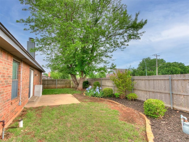 view of yard with a fenced backyard and a patio area