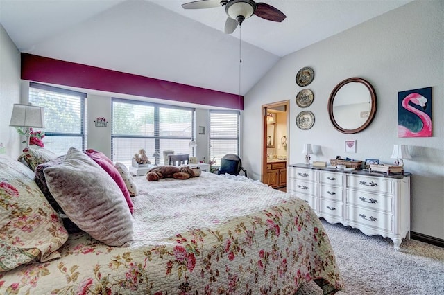 7904 NW 81st St, Oklahoma City, OK 73132 - carpeted bedroom with multiple windows, ceiling fan, lofted ceiling, and ensuite bath