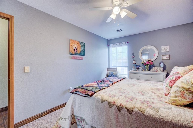 7904 NW 81st St, Oklahoma City, OK 73132 - carpeted bedroom with visible vents, a textured wall, ceiling fan, and baseboards