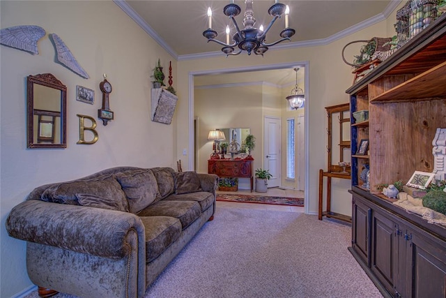 living room with a notable chandelier, ornamental molding, and light carpet