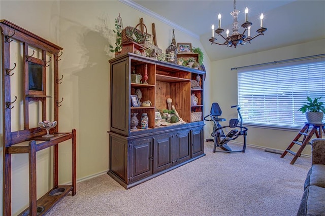 home office with baseboards, light colored carpet, an inviting chandelier, and lofted ceiling