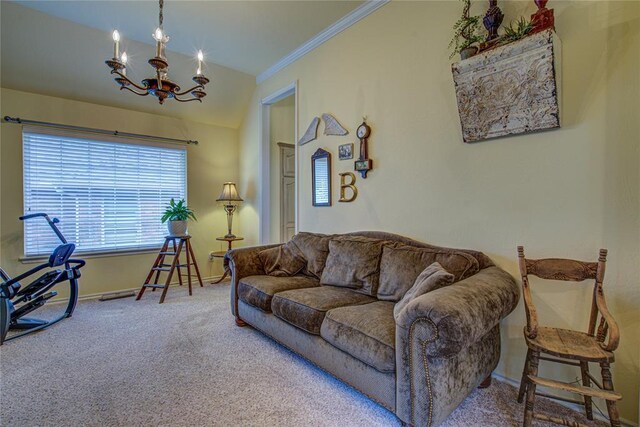 carpeted living room with baseboards, ornamental molding, and a chandelier