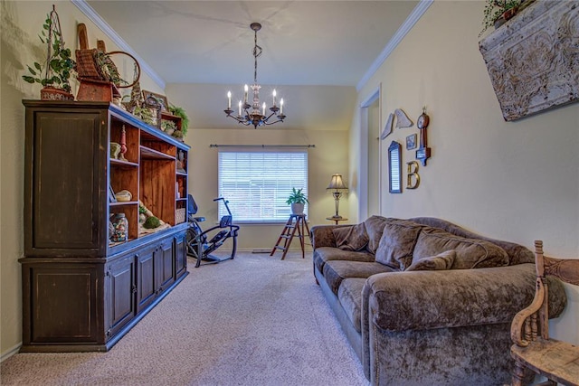 living area with an inviting chandelier, baseboards, ornamental molding, and light carpet