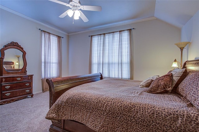 bedroom featuring carpet floors, ceiling fan, and crown molding