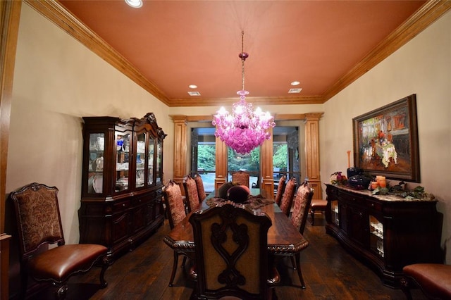 dining area featuring ornamental molding, dark wood-style floors, recessed lighting, and a notable chandelier