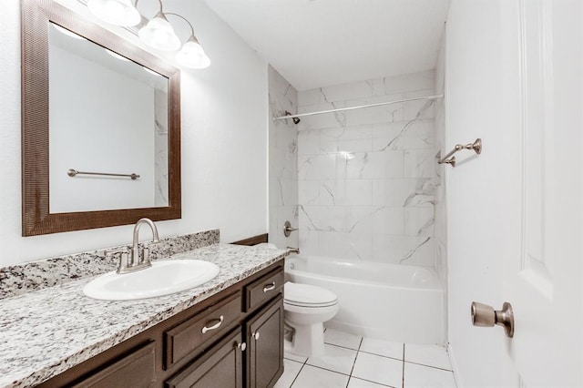 bathroom with shower / tub combination, vanity, toilet, and tile patterned flooring