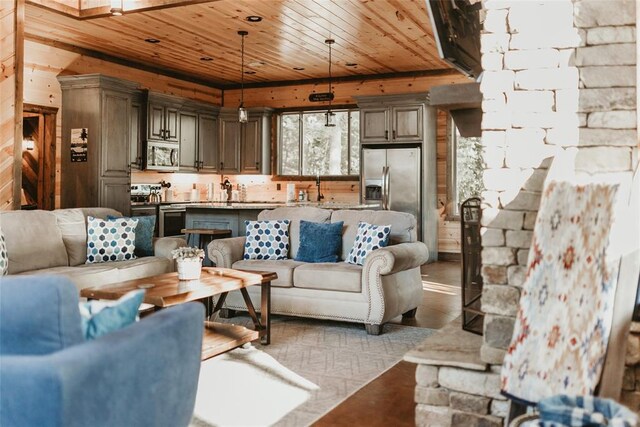 living area with wood walls and wooden ceiling
