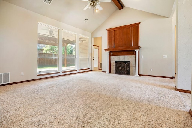 unfurnished living room featuring visible vents, carpet flooring, beamed ceiling, a ceiling fan, and baseboards