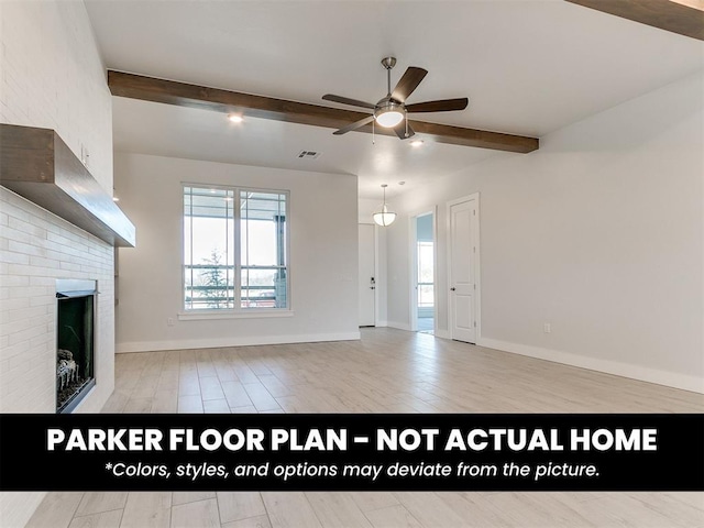 4120 Blue Ridge Ave, Newcastle, OK 73065 - unfurnished living room featuring beamed ceiling, a ceiling fan, a fireplace, baseboards, and wood finished floors