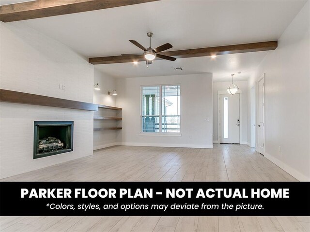4120 Blue Ridge Ave, Newcastle, OK 73065 - unfurnished living room featuring beam ceiling, ceiling fan, a brick fireplace, baseboards, and wood finished floors
