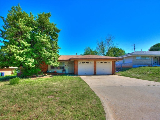 ranch-style home with concrete driveway, brick siding, a front lawn, and a garage