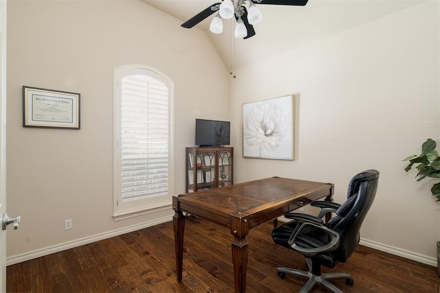 office area featuring baseboards, ceiling fan, vaulted ceiling, and wood finished floors