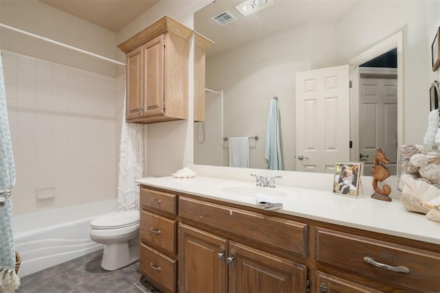 bathroom featuring tile patterned flooring, vanity, toilet, shower / bathtub combination with curtain, and visible vents