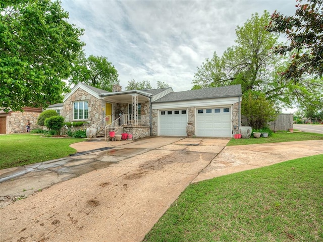 ranch-style house with a front lawn, a garage, driveway, stone siding, and a chimney