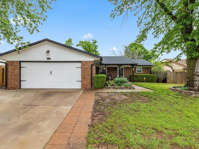 single story home featuring brick siding, a garage, fence, and concrete driveway