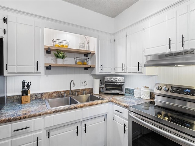 kitchen featuring open shelves, white cabinetry, under cabinet range hood, a sink, and stainless steel electric range oven