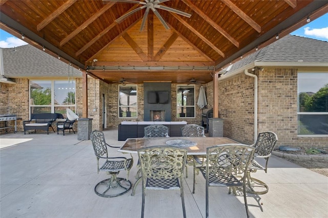 4679 Hillcrest Ln, Edmond, OK 73025 - view of patio / terrace featuring ceiling fan, an outdoor living space with a fireplace, outdoor dining area, and a gazebo