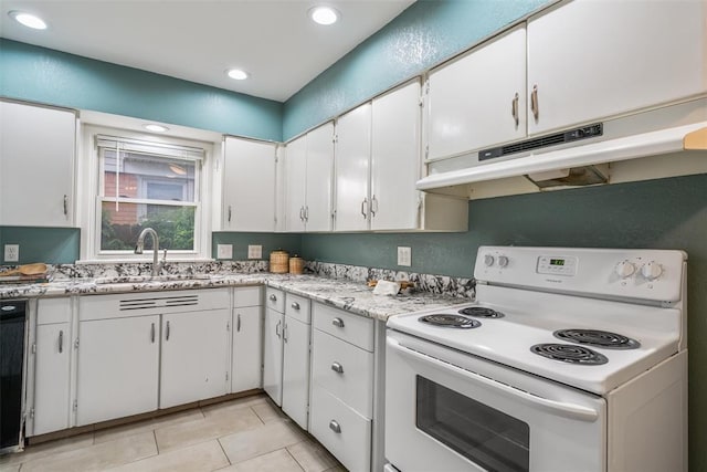 kitchen with light stone countertops, recessed lighting, white cabinets, a sink, and white electric stove