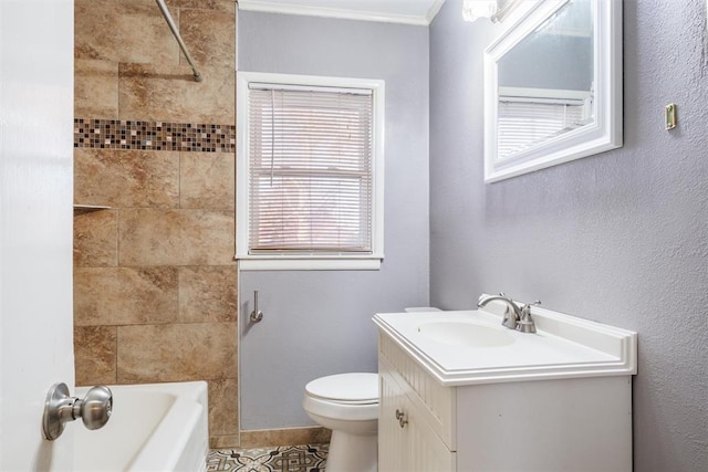 bathroom featuring vanity, toilet, tile patterned floors, shower / washtub combination, and ornamental molding