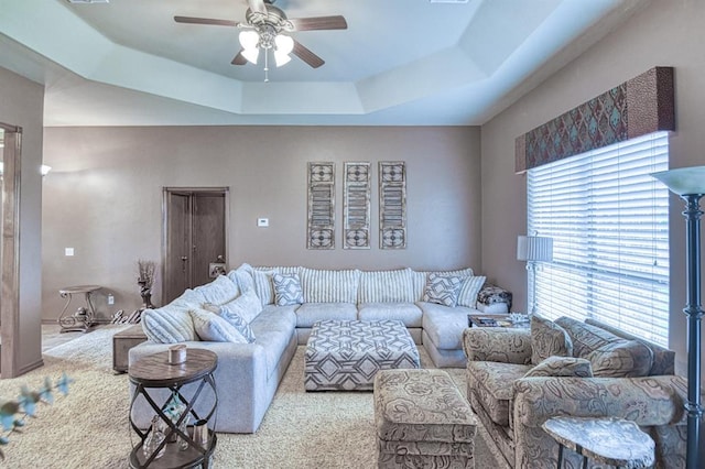 908 County St Unit 2932, Tuttle, OK 73089 - carpeted living room with a raised ceiling and a ceiling fan