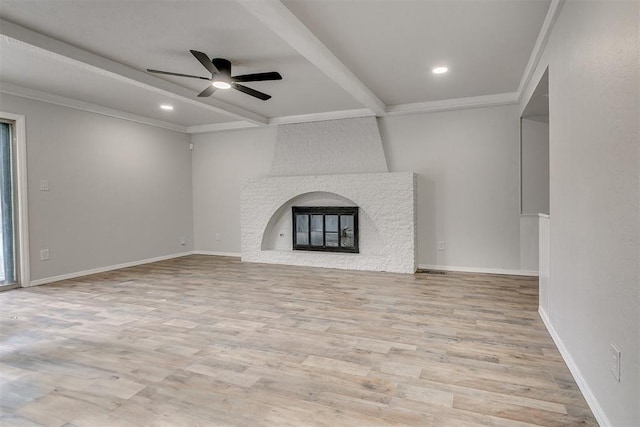 7705 Rumsey Rd, Oklahoma City, OK 73132 - unfurnished living room featuring wood finished floors, a ceiling fan, beamed ceiling, and recessed lighting