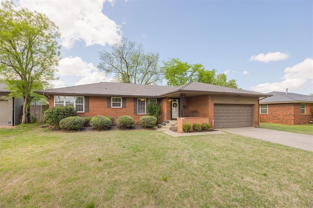 ranch-style house featuring brick siding, fence, driveway, and an attached garage