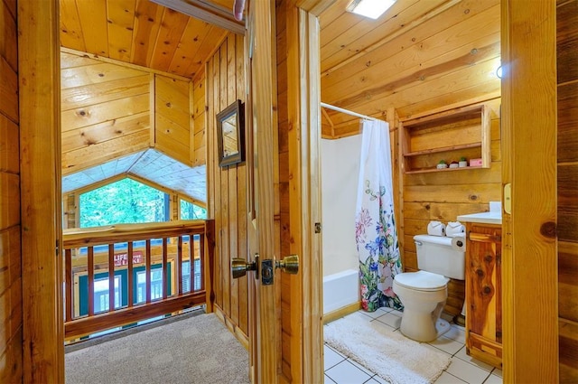 full bath with toilet, wooden walls, shower / bathtub combination with curtain, wooden ceiling, and tile patterned flooring