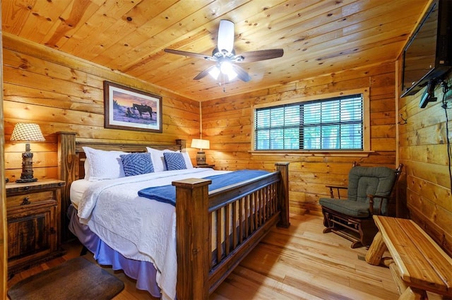 bedroom featuring light wood-type flooring, wooden ceiling, wood walls, and ceiling fan