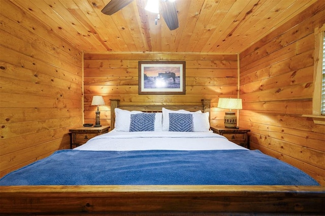 bedroom with wood walls, wood ceiling, and ceiling fan