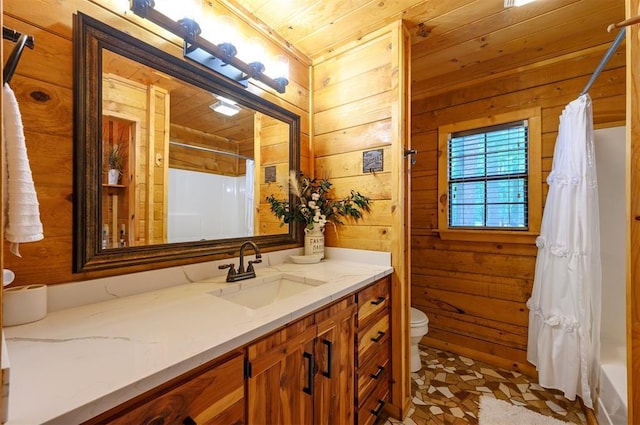 full bath with wooden walls, toilet, vanity, and wooden ceiling