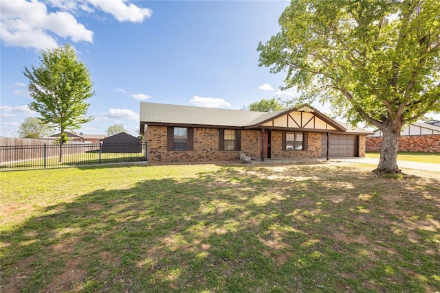 tudor-style house with a front lawn, driveway, brick siding, an attached garage, and fence