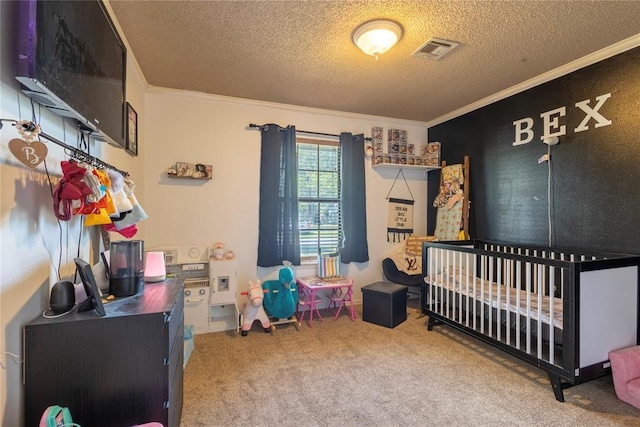 bedroom featuring a textured ceiling, visible vents, crown molding, and carpet floors