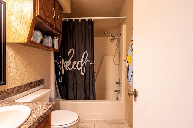 full bath with toilet, vanity, shower / bath combo with shower curtain, and tile patterned floors