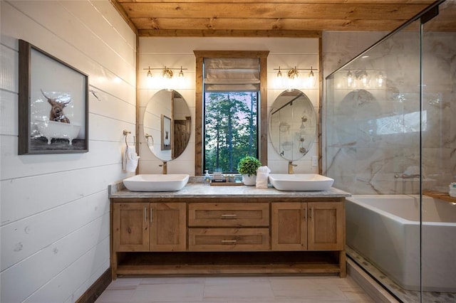 1329 Lake Ridge Ln, Broken Bow, OK 74728 - bathroom featuring double vanity, a tub, a shower, and wood ceiling