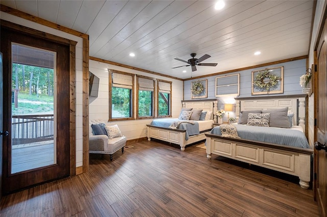 1329 Lake Ridge Ln, Broken Bow, OK 74728 - bedroom featuring access to exterior, multiple windows, wooden walls, dark wood-style floors, and wooden ceiling