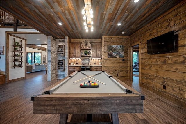 1329 Lake Ridge Ln, Broken Bow, OK 74728 - game room with dark wood finished floors, wood walls, wooden ceiling, billiards, and recessed lighting