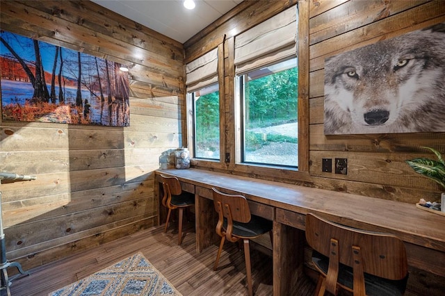 1329 Lake Ridge Ln, Broken Bow, OK 74728 - office area featuring wooden walls and wood finished floors