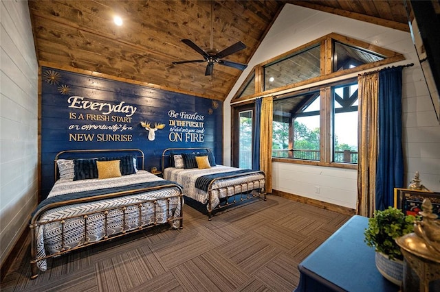 1329 Lake Ridge Ln, Broken Bow, OK 74728 - bedroom with lofted ceiling, wood walls, and wooden ceiling